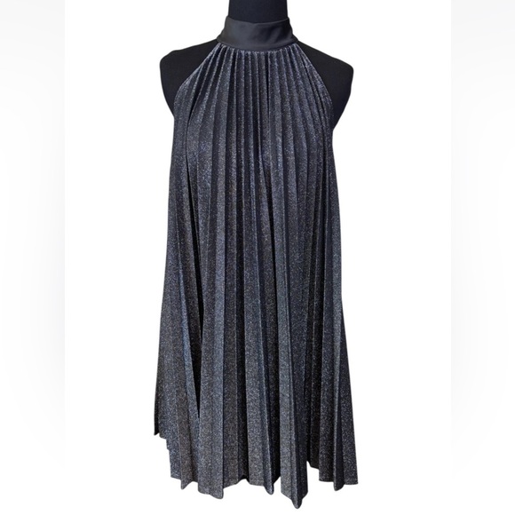ZARA Pleated Halter Accordian Mini Dress XS Black Silver Cocktail Wedding LBD - Picture 2 of 7
